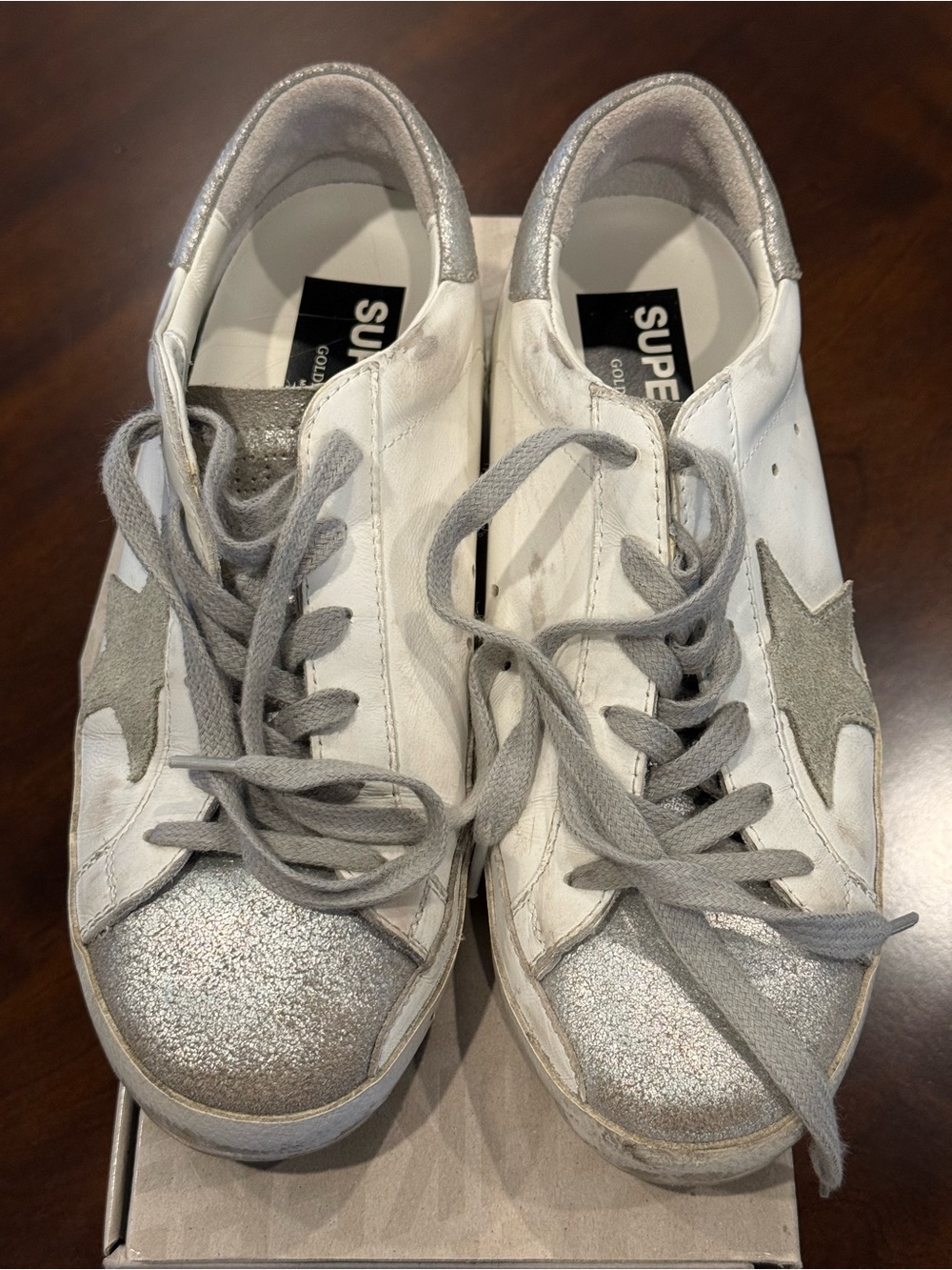 Golden Goose White Sneakers with Silver Glitter Toe and Gray Star